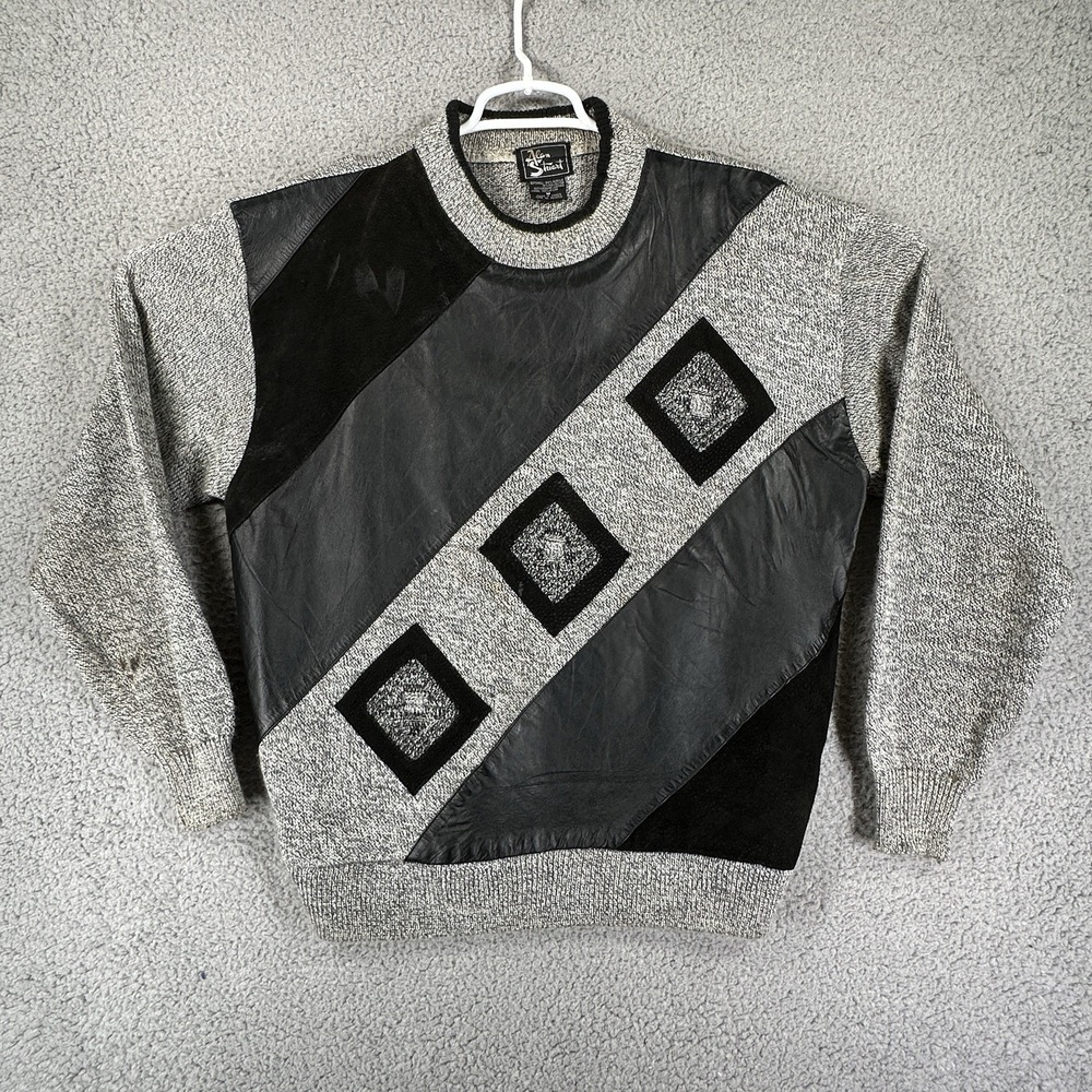 VTG Alan Stuart Knit Sweater Men M Acrylic Black Gray Color Block Grandpa 90's